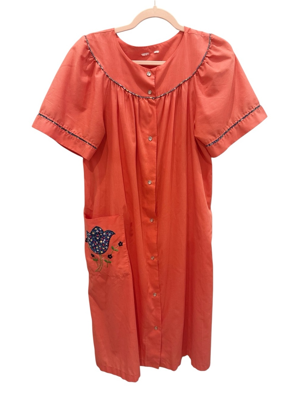 Vintage Coral House Dress Floral Appliqué Cottagecore Retro  size L